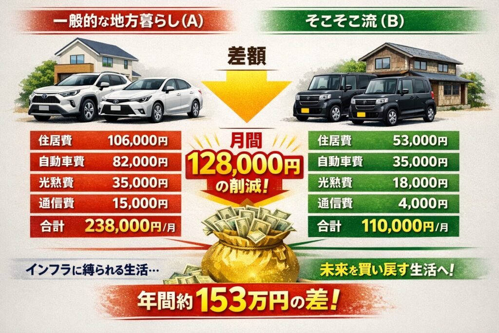 私が提案するのは、感情や見栄を一度脇に置き、冷徹な数字に基づいて生活を再設計することです。以下の表に、私が導き出した「生存戦略の設計図」を示します。【地方暮らし・生活費詳細比較調査（4人家族・車2台・月間）】項目一般的な地方暮らし (A)そこそこ流 (B)差額（余剰金）算出根拠（A vs B）住居費106,000円53,000円53,000円新築4000万 vs 中古リノベ2000万（金利0.6%・35年）自動車費82,000円35,000円47,000円下記【自動車費の内訳】参照光熱暖房35,000円18,000円17,000円下記【光熱・暖房費の内訳】参照通信費15,000円4,000円11,000円docomo等(7.5k×2) vs 楽天・ahamo等(2k×2)合計238,000円110,000円128,000円年間 約153万円の差徹底解説：なぜこれだけの差が出るのか？【自動車費の内訳】(A) 一般的： 新車のRAV4とカローラ。車両価値減少分（月5.4万）＋税金・保険（月0.6万）＋燃料費（月2.2万：燃費12km/Lで月1,600km走行）。(B) そこそこ流： 中古のN-BOX 2台。車両価値減少分（月1.5万）＋税金・保険（月0.6万）＋燃料費（月1.4万：燃費18km/L）。「見栄」を「実益」に変換した結果です。【光熱・暖房費の内訳】(A) 一般的： 電気・ガス代（2万）＋灯油代（年平均月割1.5万）。(B) そこそこ流： 断熱リノベによる節電（電気・ガス1.6万）＋薪ストーブ（原木自給のため燃料費実質0円、チェーンソー等の維持費月0.2万）。「労働（薪割り）」を「暖かさ」に変える錬金術です。【極端な対比】「インフラの奴隷」か「未来を買い戻す建築家」か「標準」という名の重税を払う人：住宅や車の「感情的な満足」のために月12.8万円の支払いを続ける。これは、**「黄金で作られた重すぎる鎖を買い、その重みで身動きが取れなくなっている」**状態です。もちろん、新築の香りは素晴らしい。しかし、将来への不安という重圧と引き換えにする価値が、本当にその壁紙にあるのでしょうか？そこそこ流の生活者：浮いた12.8万円を「新NISA（5万円）」「子供の教育（4万円）」「自己投資・道具の選定（3.8万円）」へ投じる。薪を割り、自らの身体でエネルギーを創り出す。その時間は、月額数万円を払って通う「ジム」の代わりとなり、斧を振ることで日々の雑音から解放され、思考が研ぎ澄まされていく。この「自立した生活」そのものが、あなたをインフラ企業の言いなりにさせない最強の防御、マネーリテラシーを内側から鍛え上げるのです。不自由な「標準」を捨て、自由な「余剰」を手に入れる。